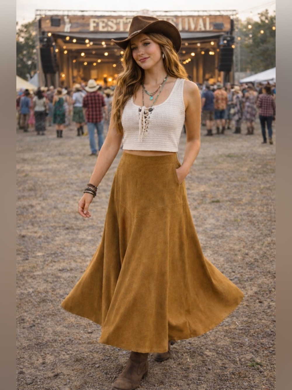 J Jill VTG Brown Suede Maxi Skirt Sz 10 Boho A Line Flowy Fall Western Peasant